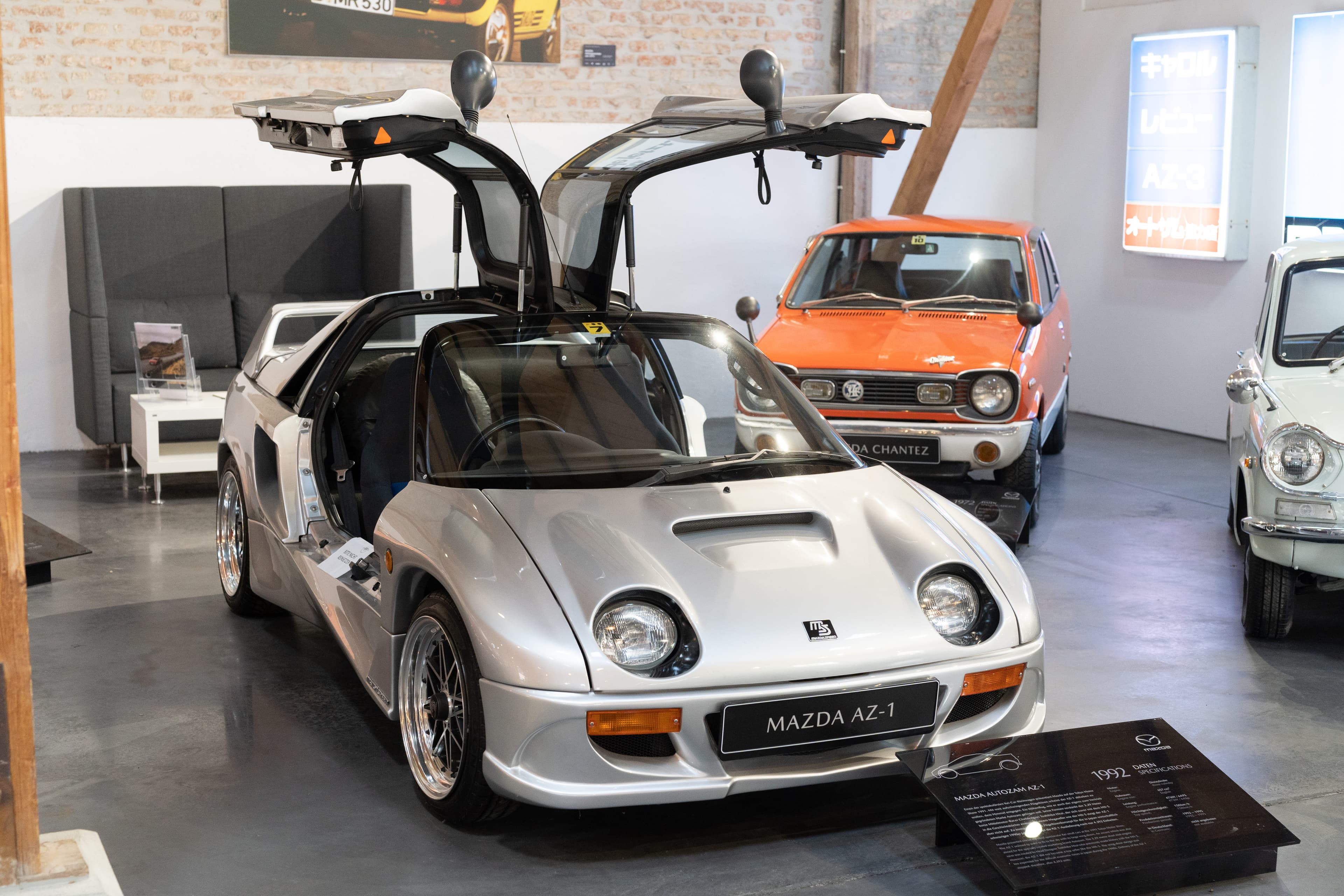 Autozam AZ-1 with gullwing doors open at Mazda Museum